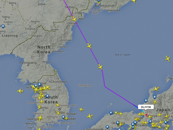 Lufthansa's LH736 is followed by three other aircraft through North Korean airspace on Saturday, July 26, 2014.